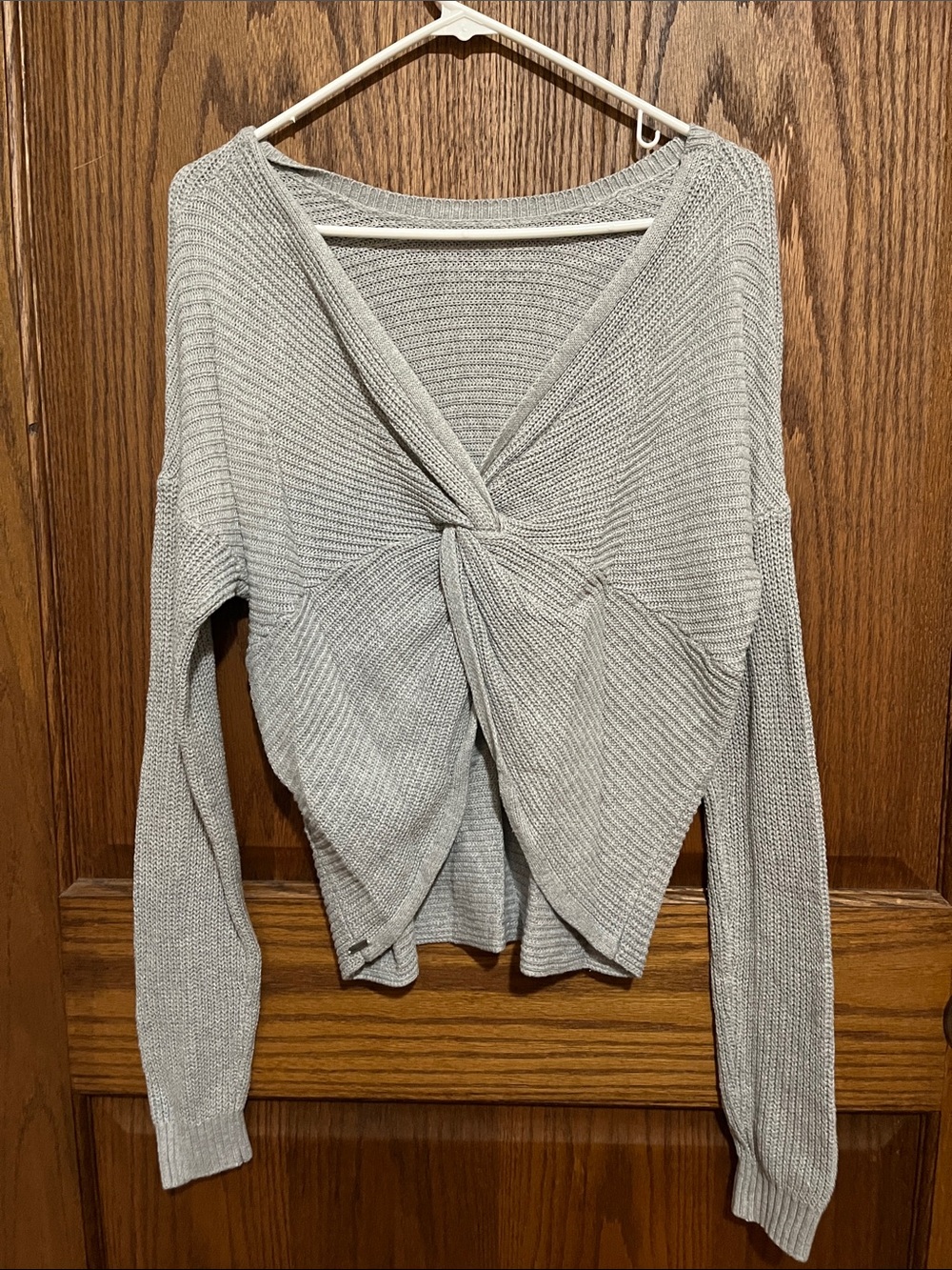 Hollister Light Gray Knot-Front V-Neck Sweater